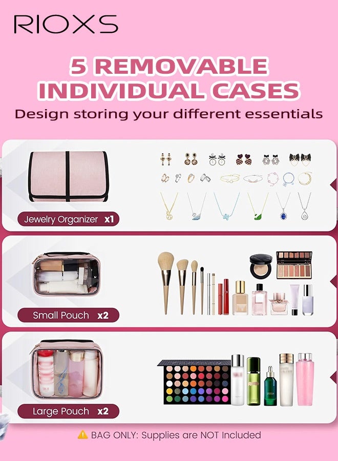 ريوكس حقيبة مستحضرات تجميل كبيرة للنساء، حقيبة مكياج محمولة للسفر للسيدات والفتيات، حقيبة أدوات تجميل خفيفة الوزن للسفر مع لفة تخزين لتنظيم المجوهرات وجيبان جانبيان، حقيبة لتنظيم المكياج للحفلات، حفلات الزفاف، عروض الأزياء، الحمام، التخييم أو السفر، لون وردي - Image 4