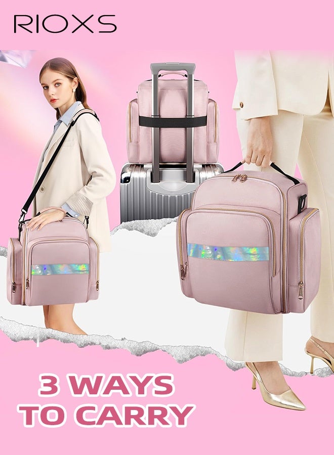 ريوكس حقيبة مستحضرات تجميل كبيرة للنساء، حقيبة مكياج محمولة للسفر للسيدات والفتيات، حقيبة أدوات تجميل خفيفة الوزن للسفر مع لفة تخزين لتنظيم المجوهرات وجيبان جانبيان، حقيبة لتنظيم المكياج للحفلات، حفلات الزفاف، عروض الأزياء، الحمام، التخييم أو السفر، لون وردي - Image 2