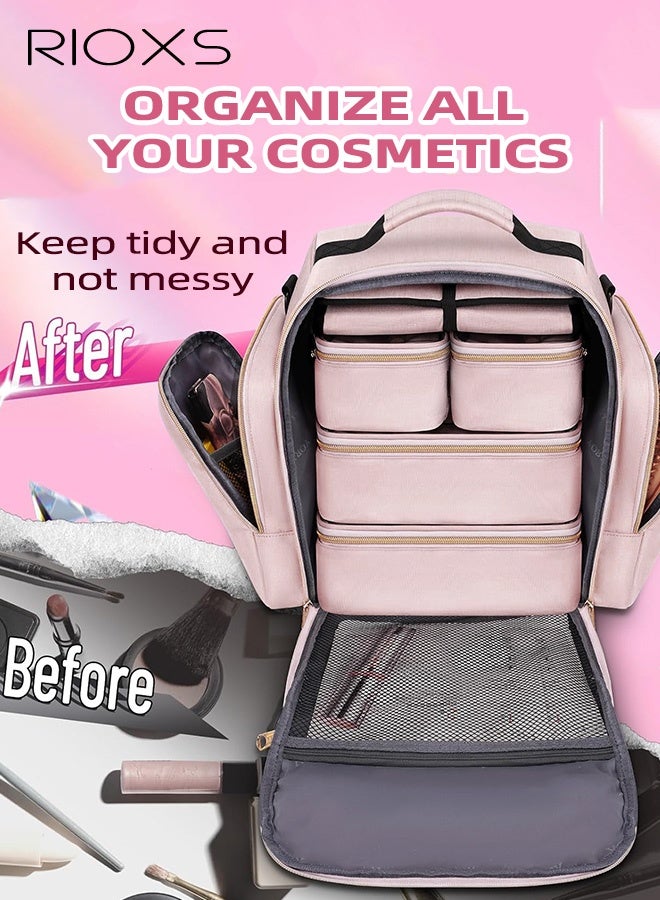 ريوكس حقيبة مستحضرات تجميل كبيرة للنساء، حقيبة مكياج محمولة للسفر للسيدات والفتيات، حقيبة أدوات تجميل خفيفة الوزن للسفر مع لفة تخزين لتنظيم المجوهرات وجيبان جانبيان، حقيبة لتنظيم المكياج للحفلات، حفلات الزفاف، عروض الأزياء، الحمام، التخييم أو السفر، لون وردي - Image 5