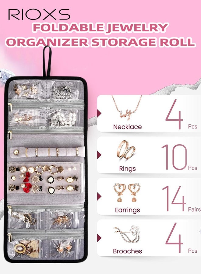 ريوكس حقيبة مستحضرات تجميل كبيرة للنساء، حقيبة مكياج محمولة للسفر للسيدات والفتيات، حقيبة أدوات تجميل خفيفة الوزن للسفر مع لفة تخزين لتنظيم المجوهرات وجيبان جانبيان، حقيبة لتنظيم المكياج للحفلات، حفلات الزفاف، عروض الأزياء، الحمام، التخييم أو السفر، لون وردي - Image 3