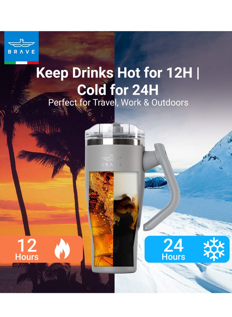 بريف تمب غارد تمبلر 950ml - 18/8 ستانلس ستيل ترافل مج، ثيرمل كوفي كب، 2-in-1 ليك بروف ليد وذ سترو & روتيتنغ هاندل، إنسوليتد هوت & كولد بيفرج مج، كار كب هولدر كومباتبل، ديوربل & ريوزبل كوفي ترافل مج (دارك غري) - Image 2