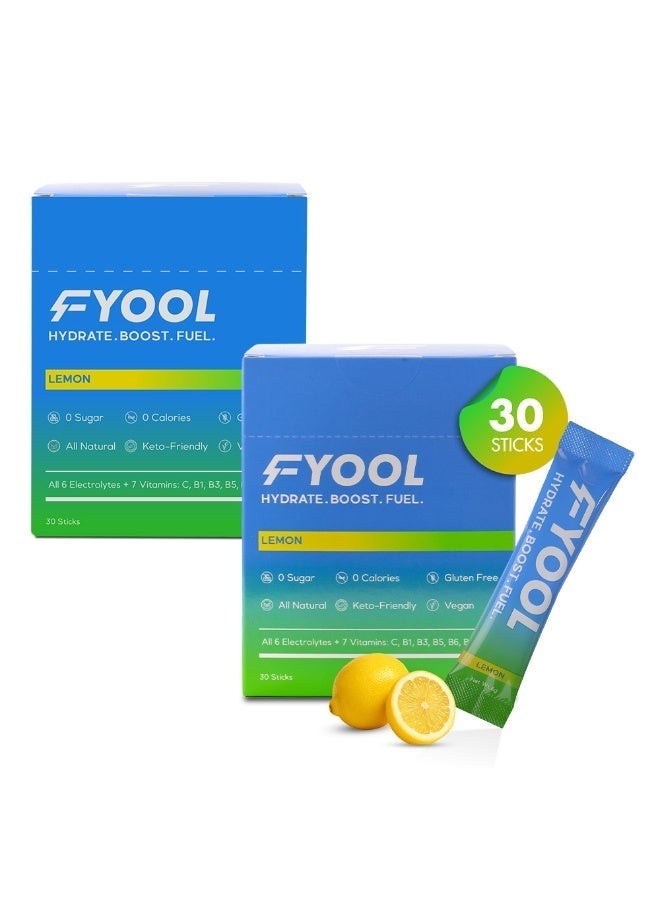 فيوول فيول مسحوق ترطيب إلكتروليت | إلكتروليتات + فيتامينات ومعادن | بدون سكر أو سعرات | يعزّز الطاقة | خالٍ من الغلوتين | ضروري للسفر | نكهة الليمون | عبوة من قطعتين - Image 1