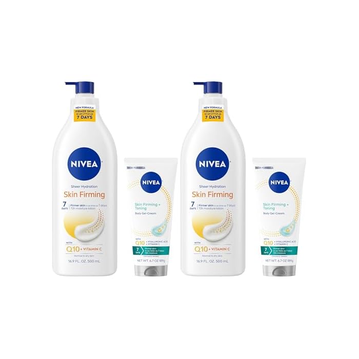 NIVEA Sheer Hydration Skin Firming Body Lotion (16.9 Fl Oz) + Skin Firming & Toning Body Gel Cream with Hyaluronic Acid (6.7 Oz),Enriched with Q10 and Vitamin C,(Pack of 4)
