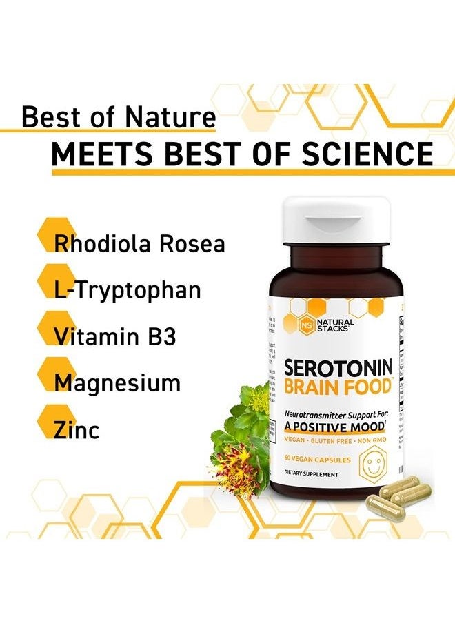 Natural Stacks - Serotonin w/L Tryptophan & Rholiola - Mood Support & Serotonin Supplement - Promotes Positive Mood, Calmness, Increased Energy - Happy Mood & Brain Support Supplement (60ct) - Image 1