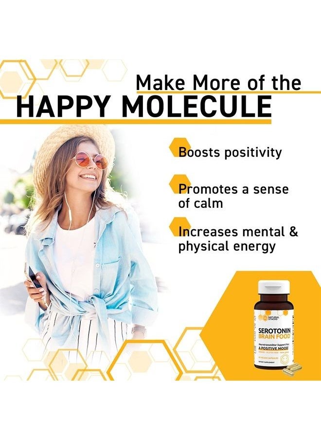 Natural Stacks - Serotonin w/L Tryptophan & Rholiola - Mood Support & Serotonin Supplement - Promotes Positive Mood, Calmness, Increased Energy - Happy Mood & Brain Support Supplement (60ct) - Image 1