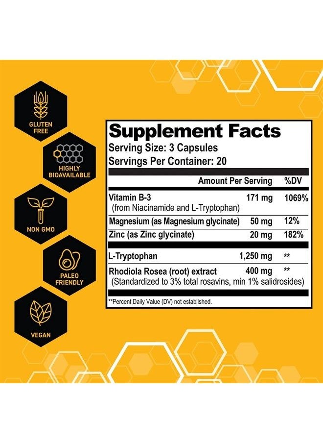 Natural Stacks - Serotonin w/L Tryptophan & Rholiola - Mood Support & Serotonin Supplement - Promotes Positive Mood, Calmness, Increased Energy - Happy Mood & Brain Support Supplement (60ct) - Image 1