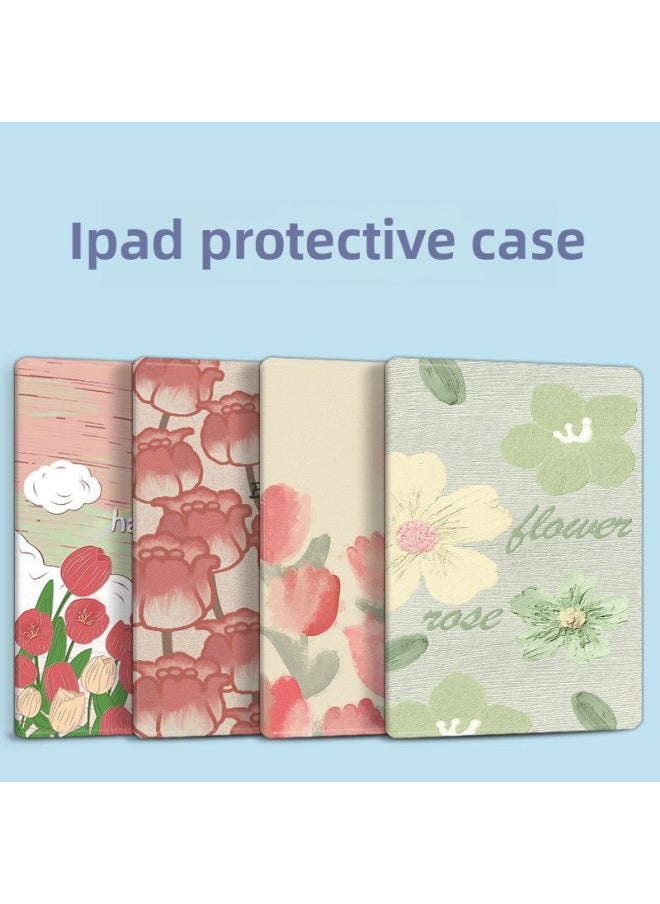 Suitable For 2021 For Iphone 9ipad7 Tablet 10.2 Inch 6air5 Protective Case 4 Shell 10 Generation 8mini2pro3 1-Color:Book Tulip Flowers-Red-Applicable Model:Pen Slot 18/20/21/22 Por 12.9 Inch