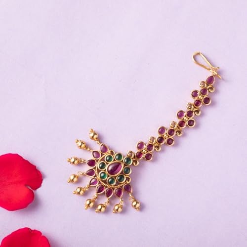 TARINIKA Antique Maang Tikka(Nethi chutti) for Women, Gold Plated Brass & CZ Stones Head Jewelry, Traditional Wedding Mang tikka Festive & Bridal Accessory (Floral Bloom Antique) - Image 3