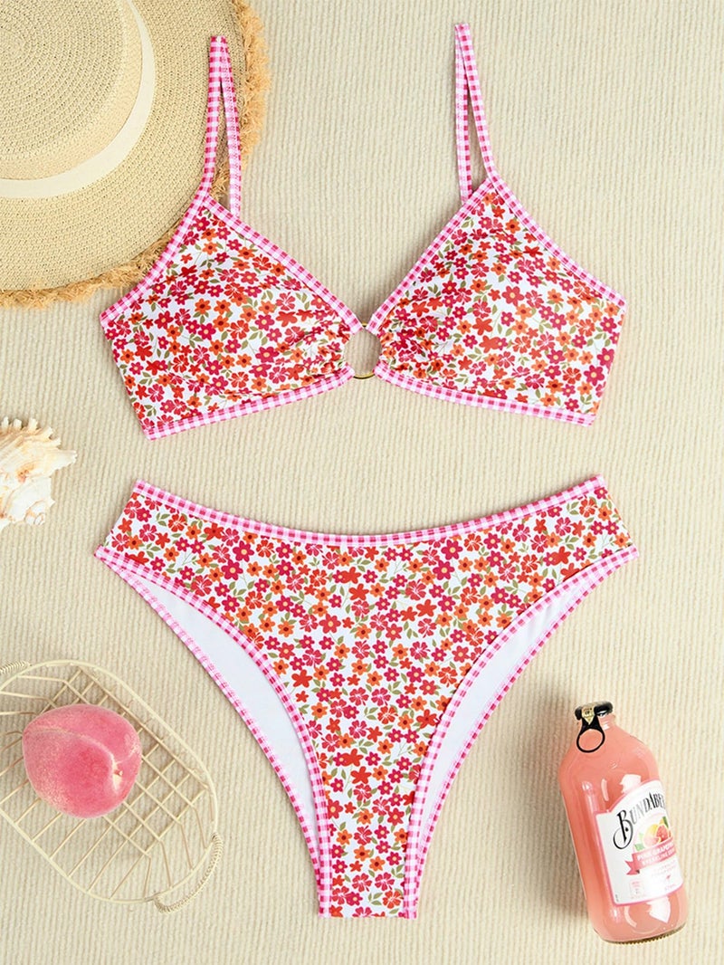 Tainehs Women's Two Piece Bikini Sets O Ring Front Top Ditsy Floral Triangle Swimsuits Cheeky Bathing Suit - Image 4