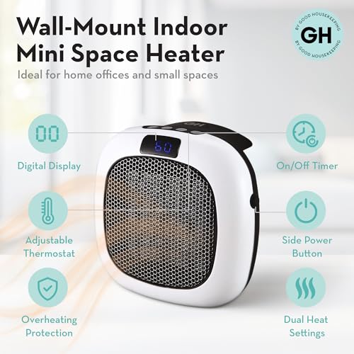 Good Housekeeping Wall-Mount Indoor Mini Space Heater w/ Thermostat & Remote, 750W, White - Image 4