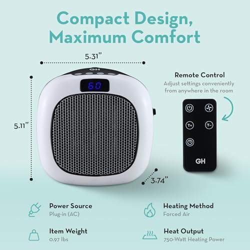 Good Housekeeping Wall-Mount Indoor Mini Space Heater w/ Thermostat & Remote, 750W, White - Image 5