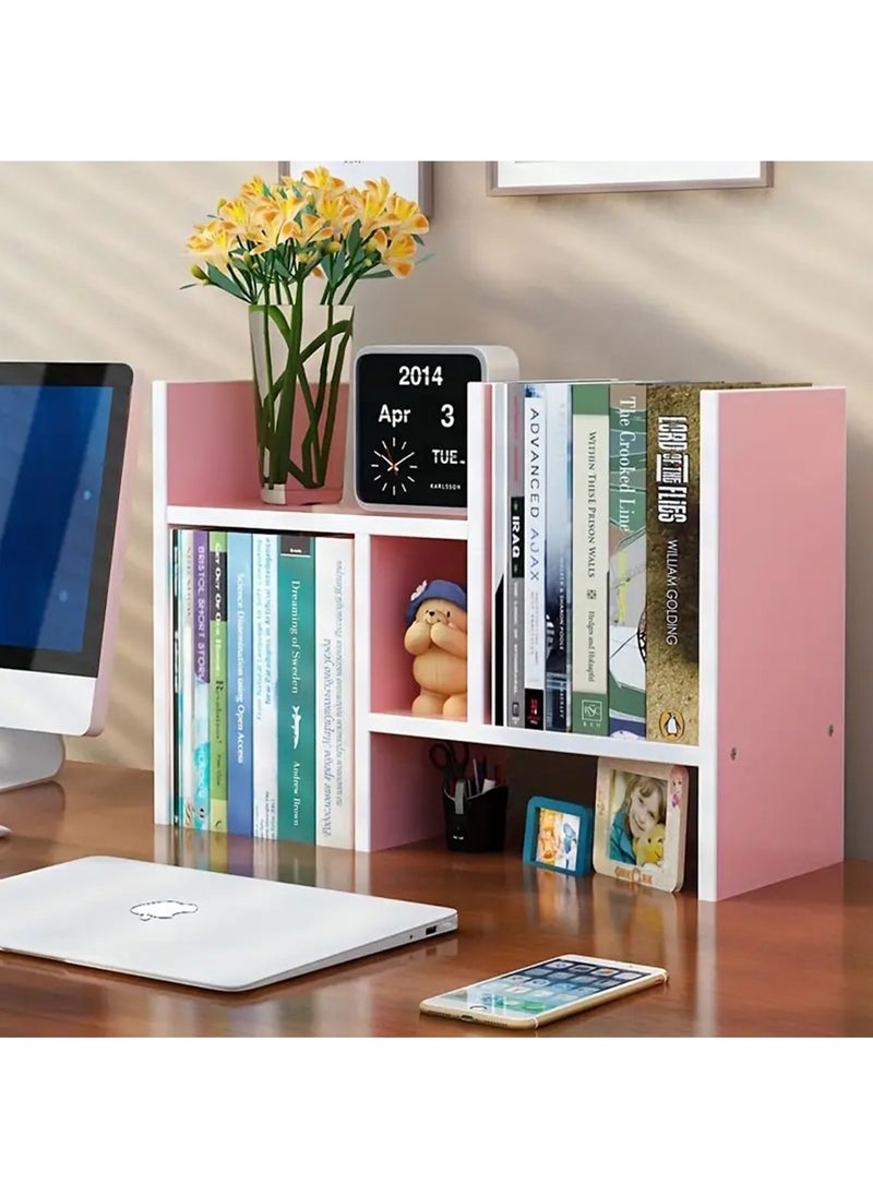 Hihonor - Wood Adjustable Small Desktop Bookshelf, Expandable Desktop Storage Organizer, Desktop Organizer Office Storage Rack, Display Shelf Rack, Office Supplies Desk Organizer(Pink) - Image 1