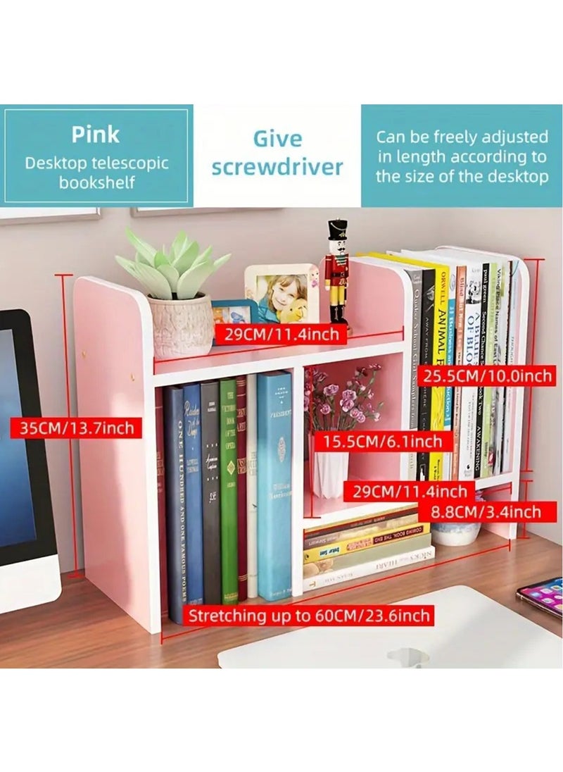 Hihonor - Wood Adjustable Small Desktop Bookshelf, Expandable Desktop Storage Organizer, Desktop Organizer Office Storage Rack, Display Shelf Rack, Office Supplies Desk Organizer(Pink) - Image 1