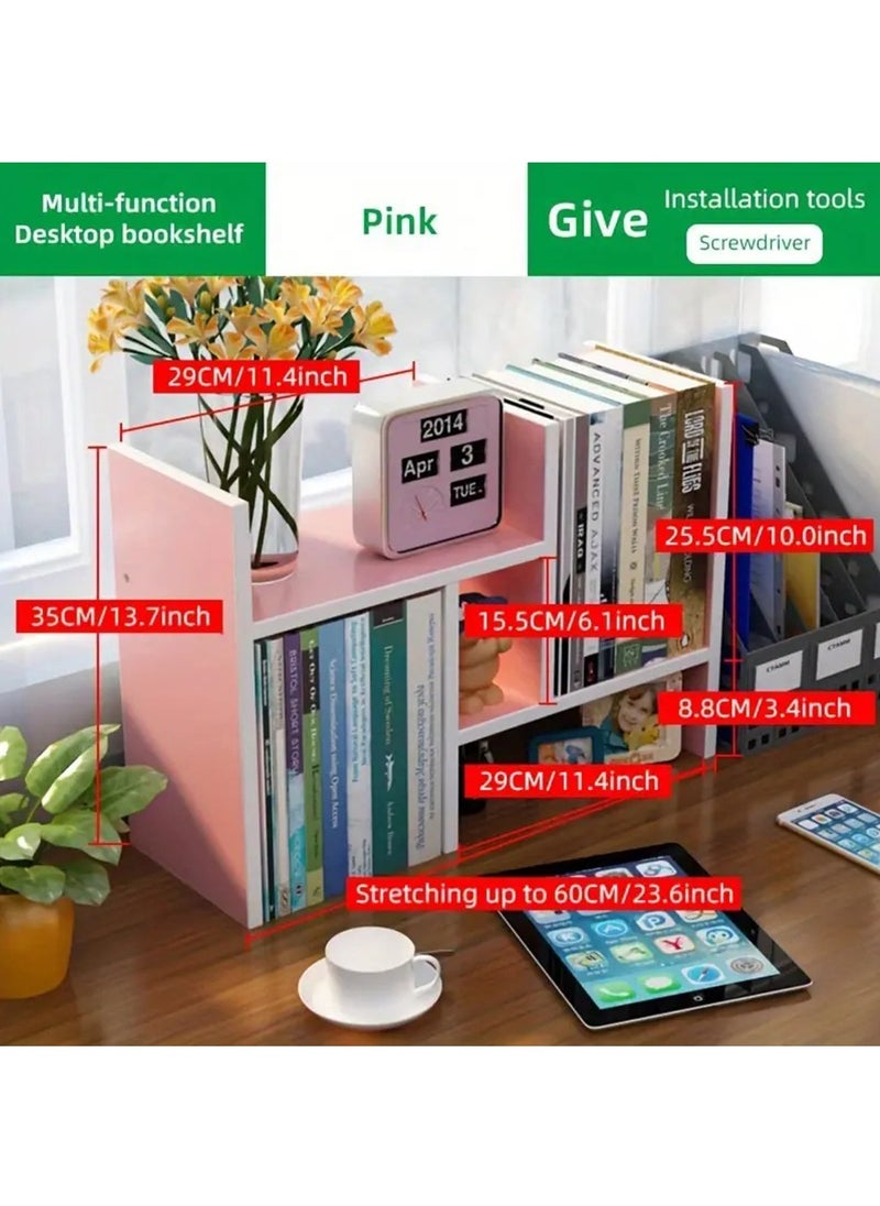 Hihonor - Wood Adjustable Small Desktop Bookshelf, Expandable Desktop Storage Organizer, Desktop Organizer Office Storage Rack, Display Shelf Rack, Office Supplies Desk Organizer(Pink) - Image 1