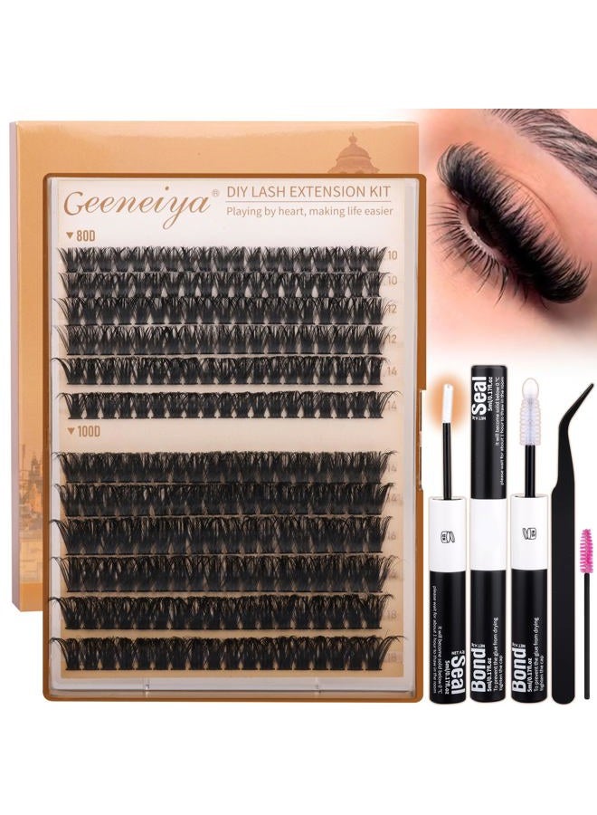 Geeneiya Volume Lash Clusters Kit DIY Lash Extension Kit D Curl Eyelash Extensions with White Lash Bond and Seal Waterproof Tweezers, 10-18MM Cluster Lashes with White Lash Glue - Image 1