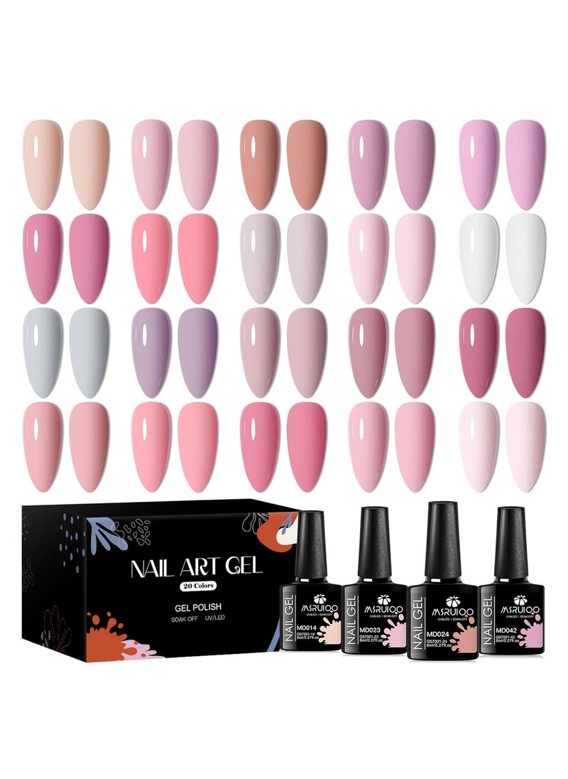 MSRUIOO Pink Nude Gel Nail Polish Set, 20 Colors Neutral Nude Pink Skin Tone Gel Polish Nail Art Design Salon Home Gifts for Mom 