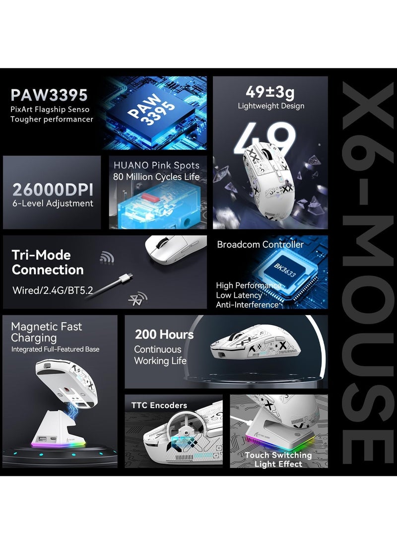 Attack Shark ATTACK SHARK X6 Wireless Gaming Mouse | Ultra-Light 49g Superlight Esports Mouse | 26000 DPI Optical Sensor | 2.4GHz Wireless, Bluetooth 5.2 & Wired | Magnetic Charging Dock | RGB Lights | Ergonomic Grip | PC/Mac/Xbox Compatible (White)  - Image 3