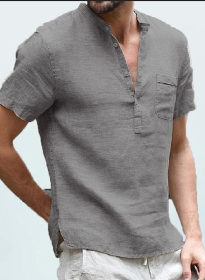 Loquat Men's Cotton Linen Stand Collar Button Down Shirt 