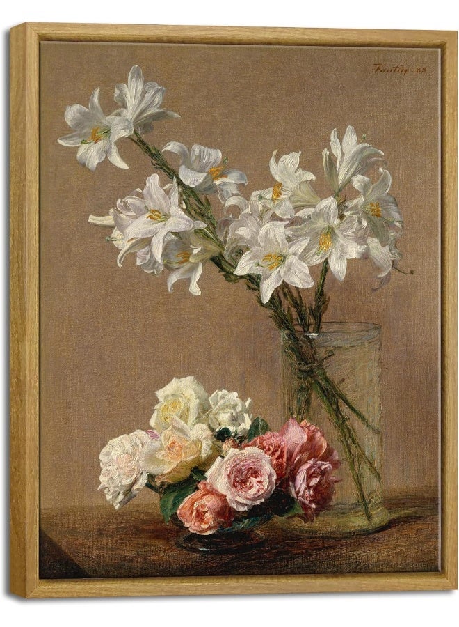 Pyradecor Large Vintage Canvas Wall Art Retro Natural Wood Framed Home Decor Roses and Lilies Canvas Prints Classical Floral Painting for Living Room Bedroom Farmhouse Decorations AH1105-2836NW - Image 1