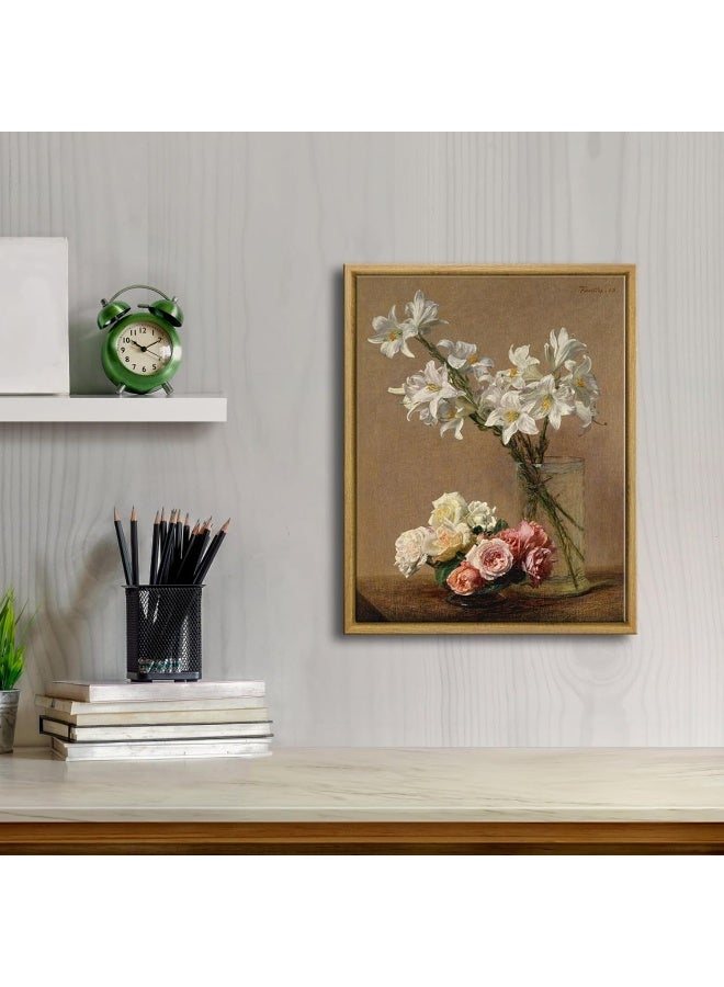 Pyradecor Large Vintage Canvas Wall Art Retro Natural Wood Framed Home Decor Roses and Lilies Canvas Prints Classical Floral Painting for Living Room Bedroom Farmhouse Decorations AH1105-2836NW - Image 3