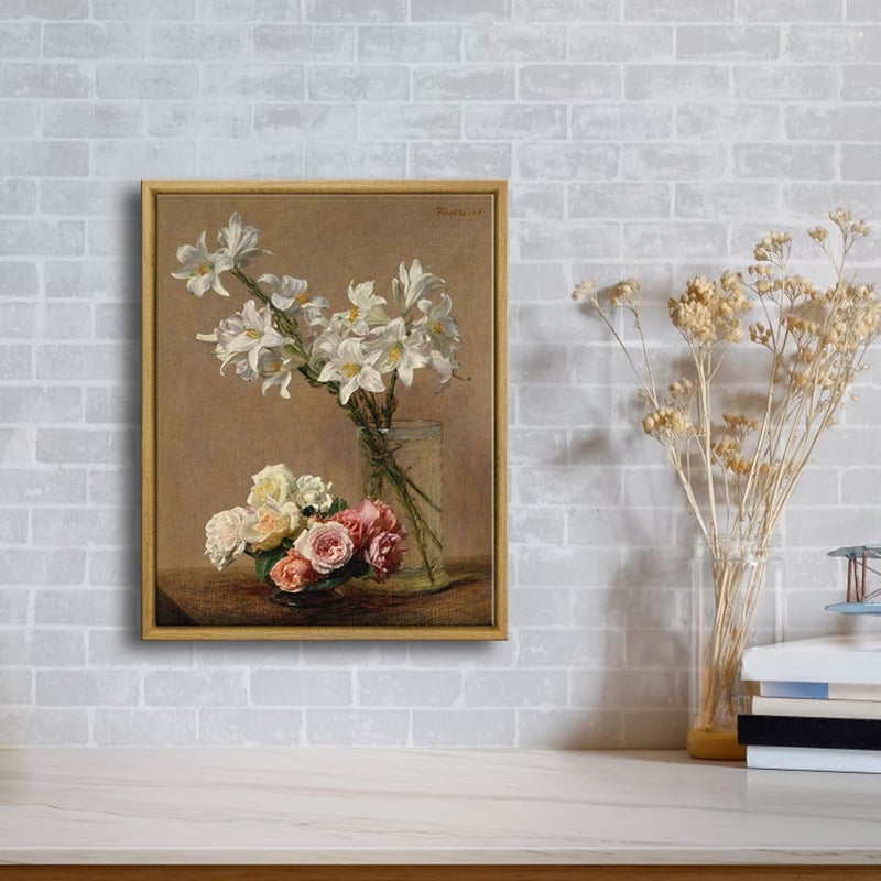 Pyradecor Large Vintage Canvas Wall Art Retro Natural Wood Framed Home Decor Roses and Lilies Canvas Prints Classical Floral Painting for Living Room Bedroom Farmhouse Decorations AH1105-2836NW - Image 2