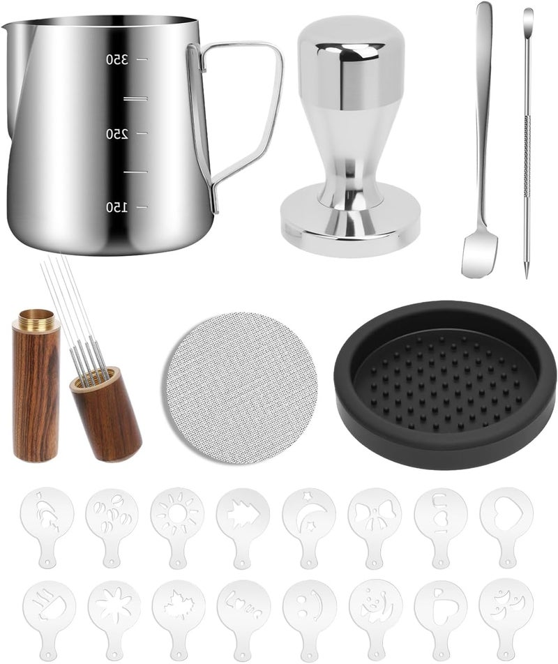 PROKITCHEN Espresso Kit, 350ml Espresso Milk Frothing Pitcher, 53mm Espresso Tamper, WDT Tool, 53.5mm Puck Screen, Dessert Spoons, Tamper Mat, Latte Art Pen &16 PCS Coffee Decorating Stencils - Image 1