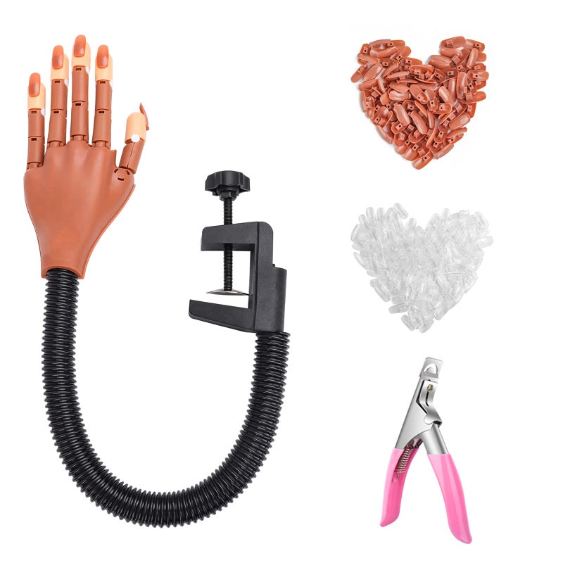 LIONVISON Practice Hand for Acrylic NailsFlexible Moveable Fake Hand for Nail Practice False Nail Mannequin Hands Training with 200PCS Replacement Tips and 1 Clipper