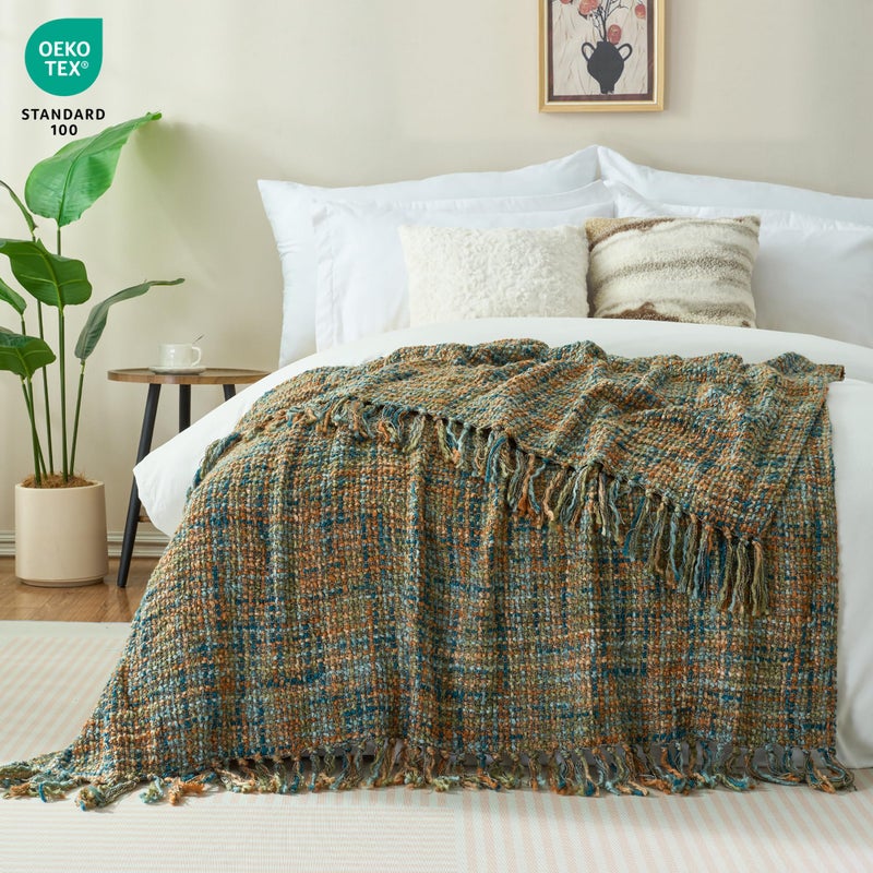 GINAMUSE Multi-Color Gold Green Cable Woven Throw Blanket for Couch,50"X60" Boho Style Textured Blankets for Home Decor,Super Soft Warm Cozy Chunky Blanket with Decorative Tassels for Bed - Image 2
