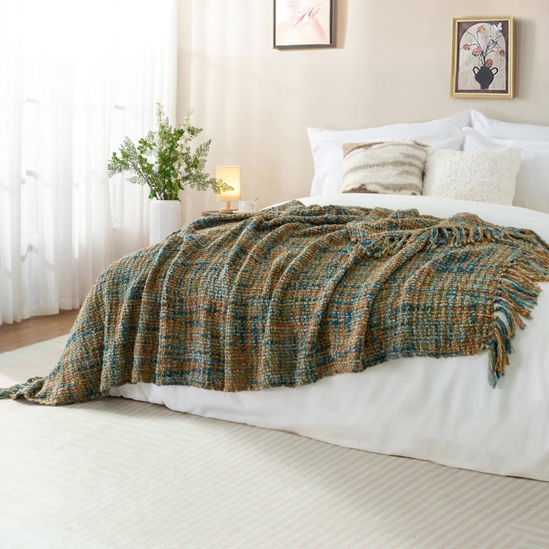 GINAMUSE Multi-Color Gold Green Cable Woven Throw Blanket for Couch,50"X60" Boho Style Textured Blankets for Home Decor,Super Soft Warm Cozy Chunky Blanket with Decorative Tassels for Bed - Image 5