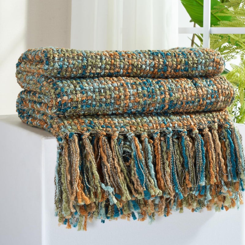 GINAMUSE Multi-Color Gold Green Cable Woven Throw Blanket for Couch,50"X60" Boho Style Textured Blankets for Home Decor,Super Soft Warm Cozy Chunky Blanket with Decorative Tassels for Bed - Image 1