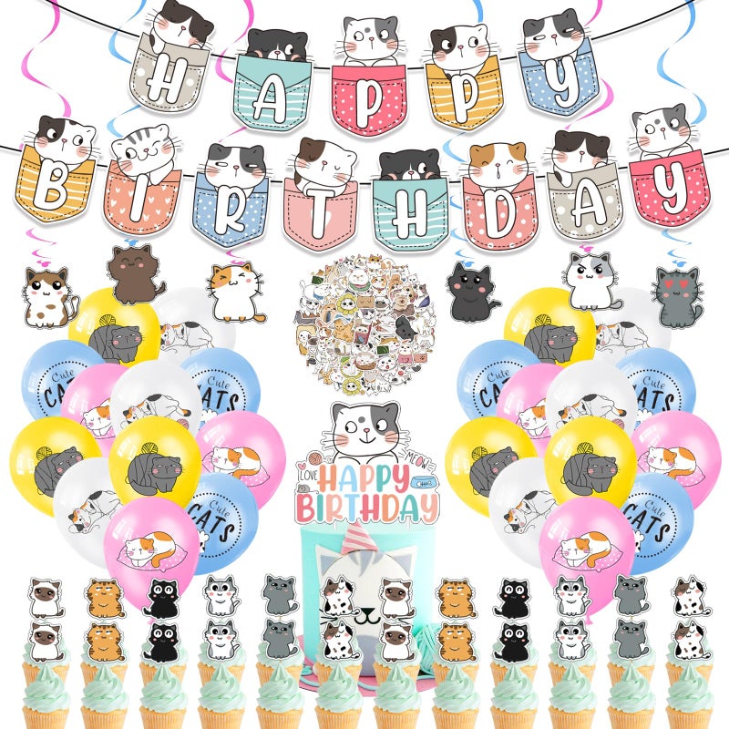 Zhanmai 106 Pcs Cat Theme Birthday Party Supplies Include Cute Happy Birthday Banner, Hanging Swirls, Cake Topper, Cupcake Toppers, Balloons and Stickers for Kids Children Cat Theme Party Decorations - Image 1