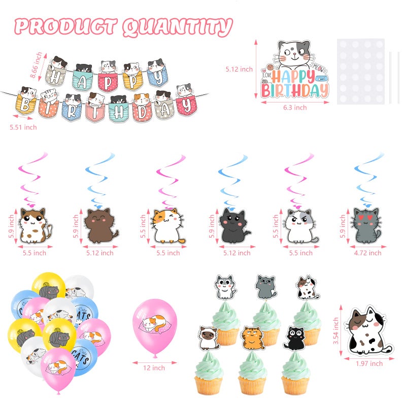 Zhanmai 106 Pcs Cat Theme Birthday Party Supplies Include Cute Happy Birthday Banner, Hanging Swirls, Cake Topper, Cupcake Toppers, Balloons and Stickers for Kids Children Cat Theme Party Decorations - Image 2