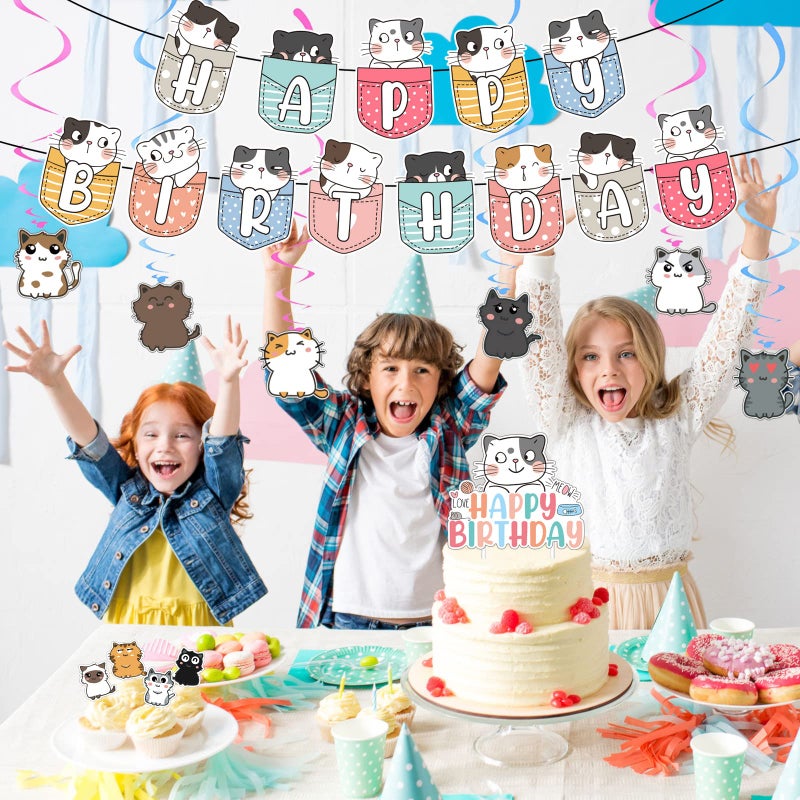 Zhanmai 106 Pcs Cat Theme Birthday Party Supplies Include Cute Happy Birthday Banner, Hanging Swirls, Cake Topper, Cupcake Toppers, Balloons and Stickers for Kids Children Cat Theme Party Decorations - Image 5
