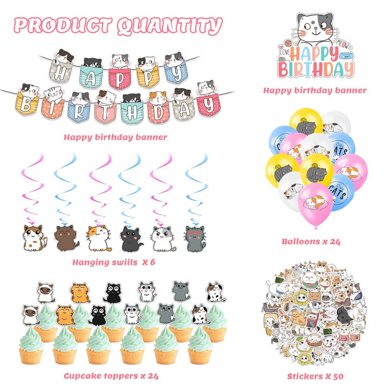 Zhanmai 106 Pcs Cat Theme Birthday Party Supplies Include Cute Happy Birthday Banner, Hanging Swirls, Cake Topper, Cupcake Toppers, Balloons and Stickers for Kids Children Cat Theme Party Decorations - Image 3