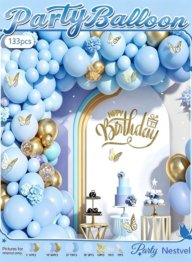 Nestvel Blue & Gold Butterfly Balloon Garland Kit | 133pcs Premium Party DecorElegant Latex Balloons with Butterfly Stickers for Birthdays, Weddings, Baby Showers & Luxury Celebrations - Image 1