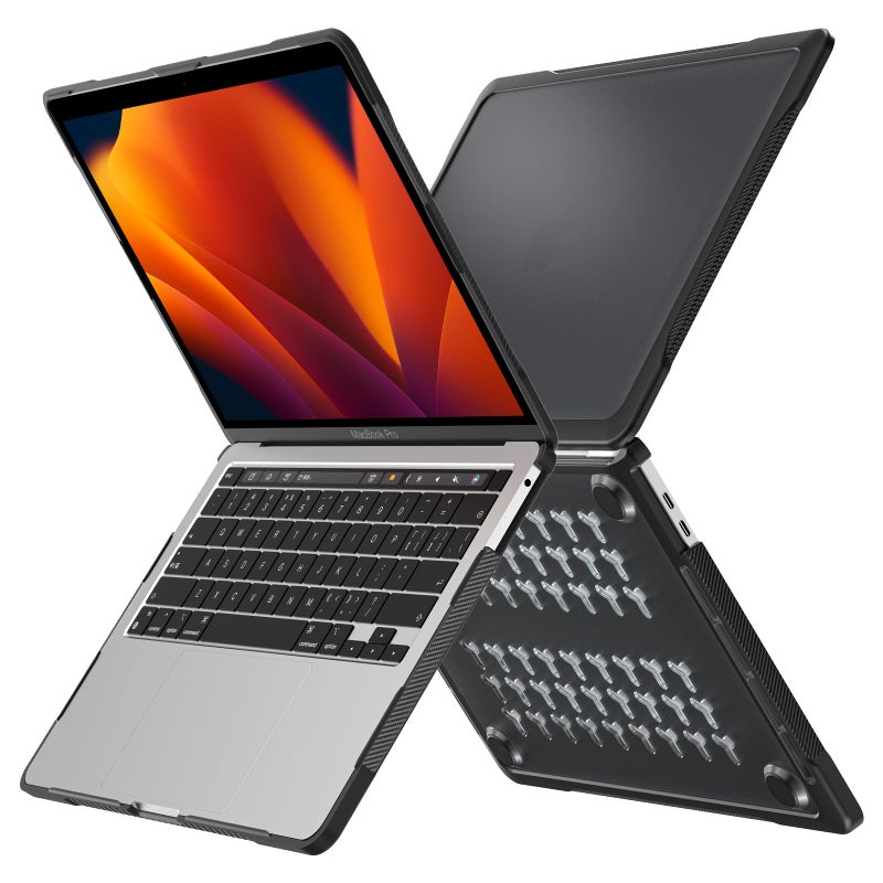 Batianda 4-in-1 Ultimate Case for MacBook Pro 13 inch 2022 2020 Model A2338 M2 M1 Chip A2251 - Matte Translucent Rugged Armor Shell with Carbon Fiber Texture Shockproof Bumper - Anti-Fingerprint Black - Image 2