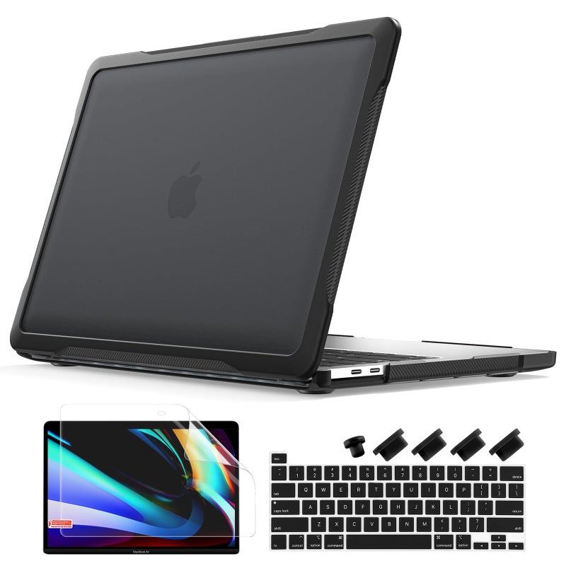 Batianda 4-in-1 Ultimate Case for MacBook Pro 13 inch 2022 2020 Model A2338 M2 M1 Chip A2251 - Matte Translucent Rugged Armor Shell with Carbon Fiber Texture Shockproof Bumper - Anti-Fingerprint Black - Image 1