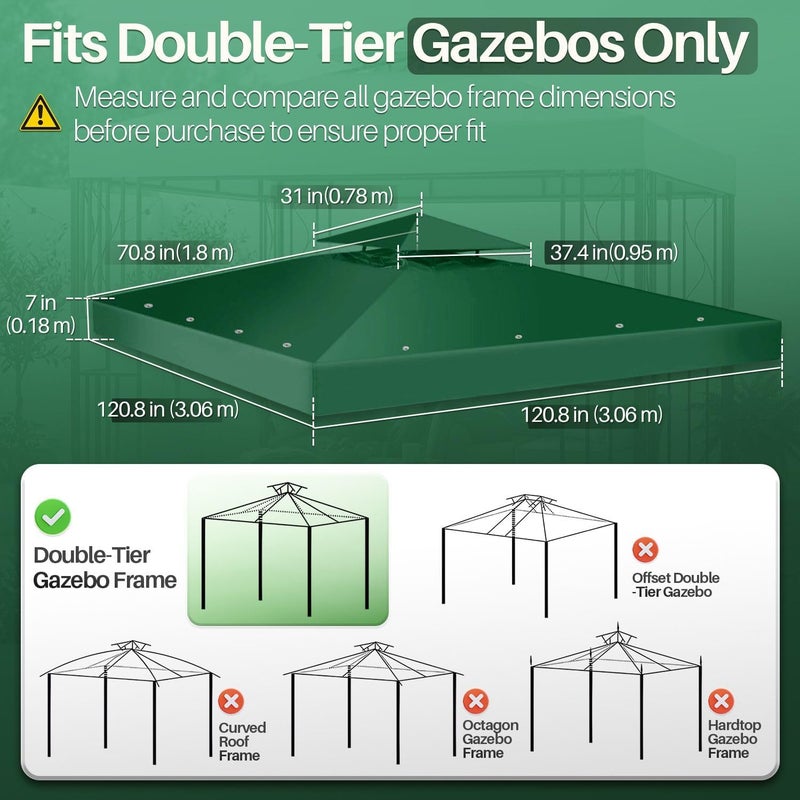 Flexzion 10'x10' Gazebo Replacement Canopy Top Cover (Green) - Dual Tier with Plain Edge Polyester UV30 Water Resistant for Outdoor Garden Patio Pavilion Sun Shade - Image 5