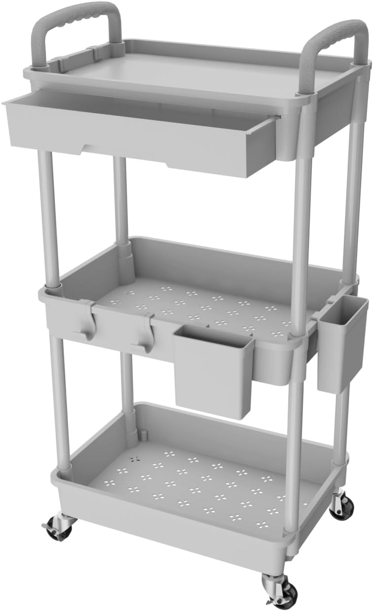REBECAT 3 Tier Rolling Utility Cart with Drawer, Utility Cart Made of Multifunctional Storage Organizer Tool for Kitchen,Bathroom,Living Room,Office(Gray) - Image 1