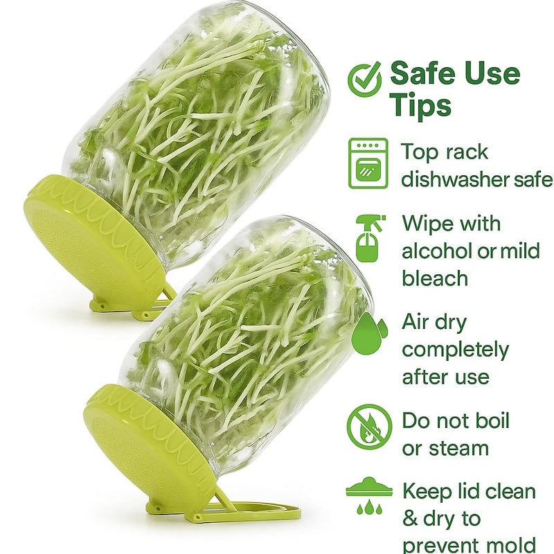 Happyiren Sprouting Kit for Wide Mouth Mason Jars, 2-Pack BPA-Free One-Piece Sprouting Lids with Built-In Stand, Seed Germination Jar Sprouter Lid, Fits Wide Mouth Jars (3.38"/86mm) - Image 5