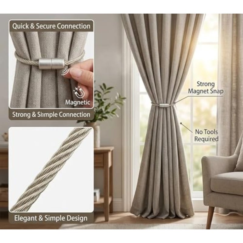 4 Pack Magnetic Curtain Tiebacks Rope Curtain Holders for Drapes, Modern Decorative Tie Backs for Living Room, Bedroom and Office - Image 3