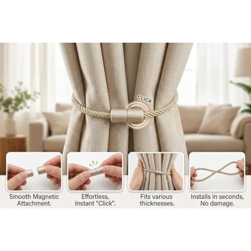 4 Pack Magnetic Curtain Tiebacks Rope Curtain Holders for Drapes, Modern Decorative Tie Backs for Living Room, Bedroom and Office - Image 4
