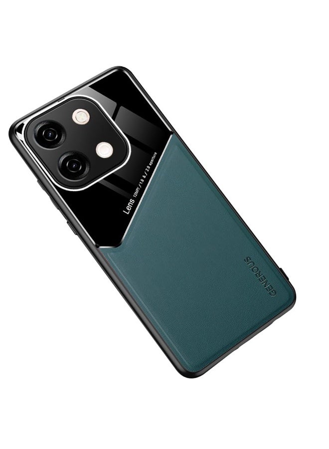 Case Compatible With Vivo Y28 4G Cover Luxury Leather And Glass With Car Magnetic Holder Phone Cover Soft Frame Silicone - Green - Image 1
