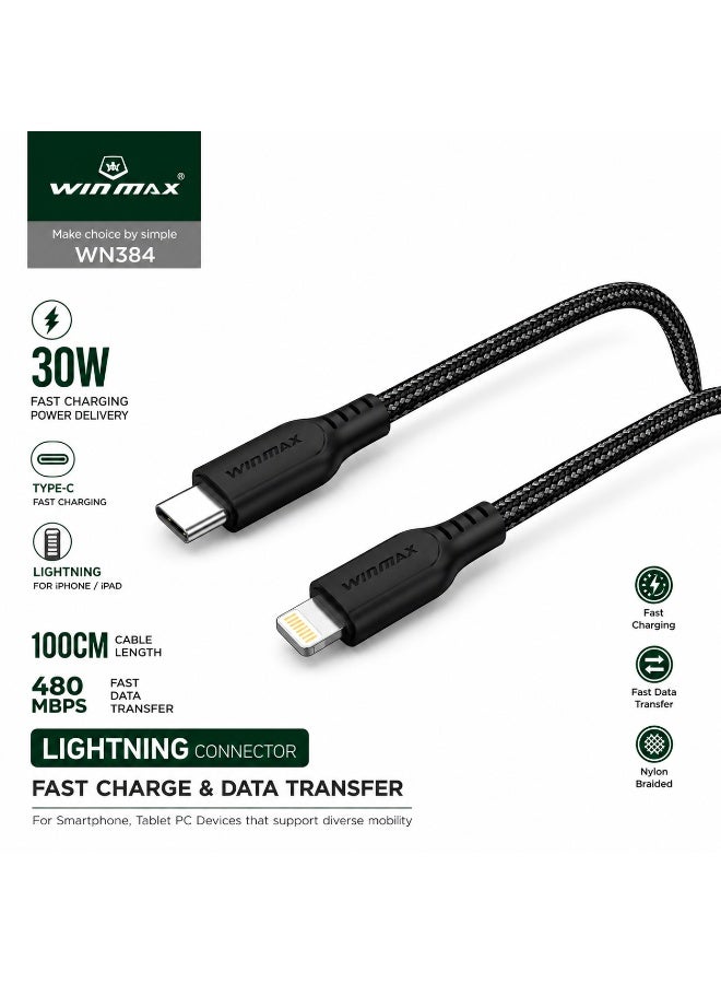 30W Braided USB-C to Lightning Fast Charging Cable for iPhone 14/14 Pro/14 Plus/14 Pro Max, iPad Pro, and iPhone 8–13 (all models) – Black, 100CM
