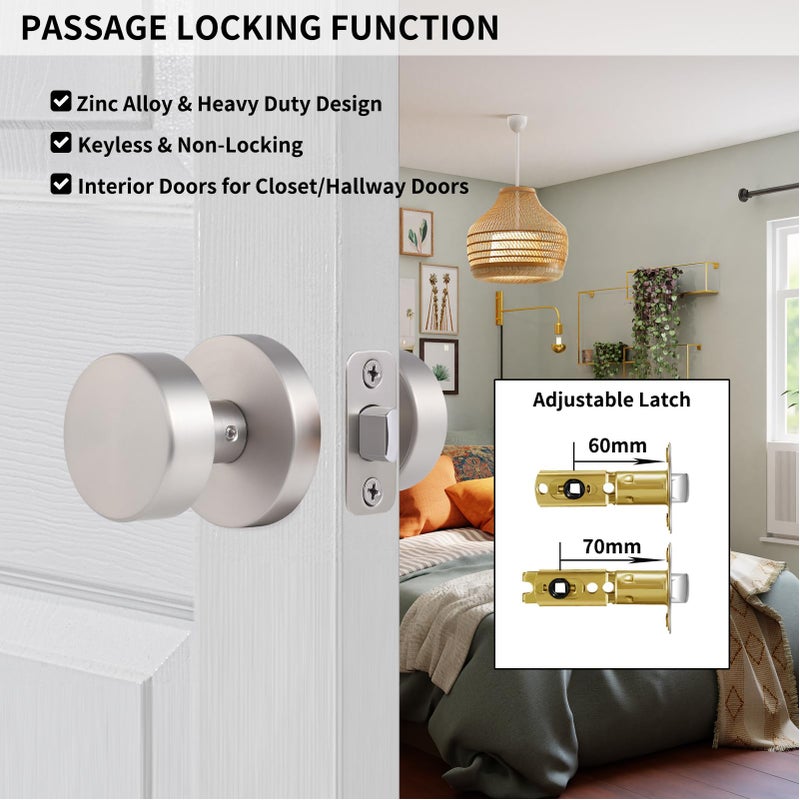 Naubea Satin Nickel Passage Door Knob  Brushed Nickel Interior Door Knobs For Closet And Hallway Doors  Round Modern Non-Locking Door Handles - Image 3