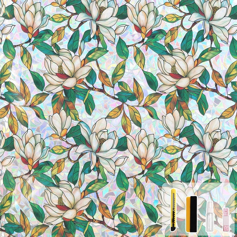 Kromapolis Window Privacy Film, Stained Glass Sticker Floral Window Clings, Decorative Static Clings UV Blocking Colorful Decals, Removable Vinyl Covering White Magnolia Flowers, 17.5'' x 78.7'' - Image 1