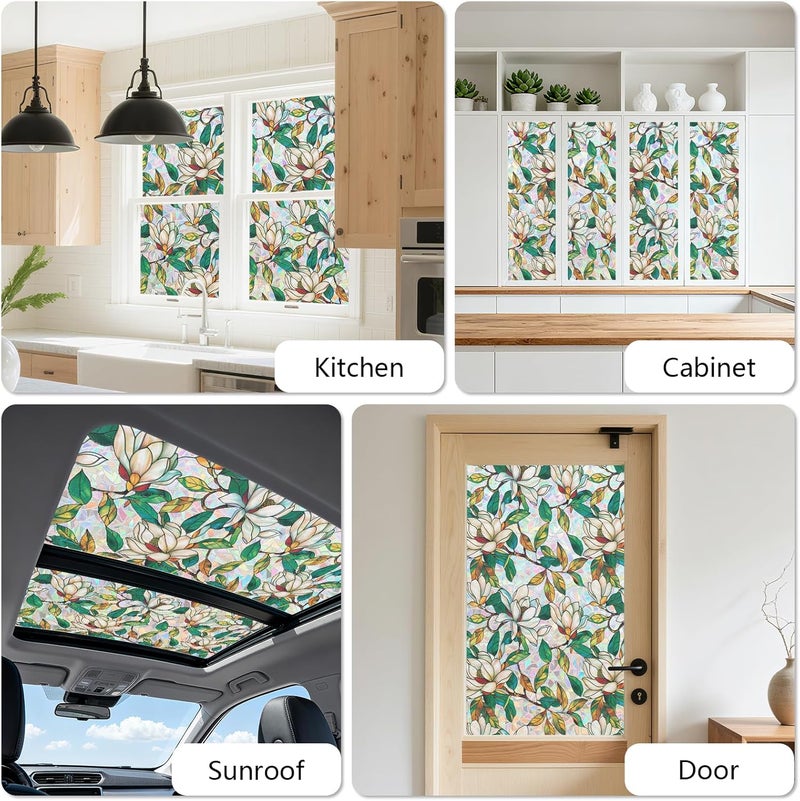 Kromapolis Window Privacy Film, Stained Glass Sticker Floral Window Clings, Decorative Static Clings UV Blocking Colorful Decals, Removable Vinyl Covering White Magnolia Flowers, 17.5'' x 78.7'' - Image 5
