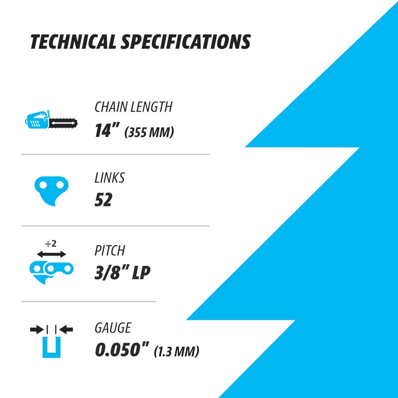 Kuza 14 Inch Chainsaw Chain 3/8" LP Pitch, 050" Gauge, 52 Drive Links, German Steel, fits Husqvarna 120i, 135, Echo CS-310, Ryobi RY3714, Makita XCU11Z, EGO, WORX, POULAN and more - Image 2