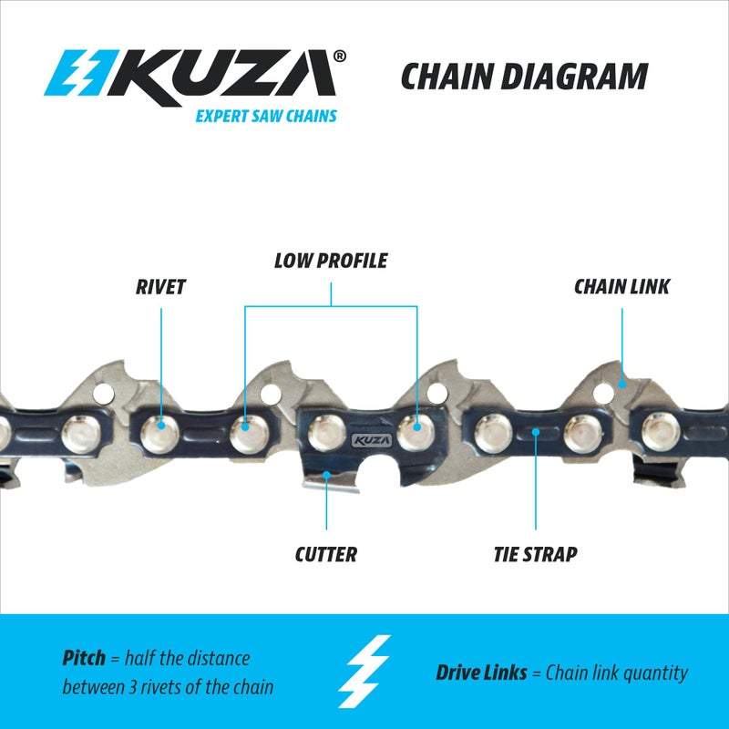 Kuza 14 Inch Chainsaw Chain 3/8" LP Pitch, 050" Gauge, 52 Drive Links, German Steel, fits Husqvarna 120i, 135, Echo CS-310, Ryobi RY3714, Makita XCU11Z, EGO, WORX, POULAN and more - Image 5