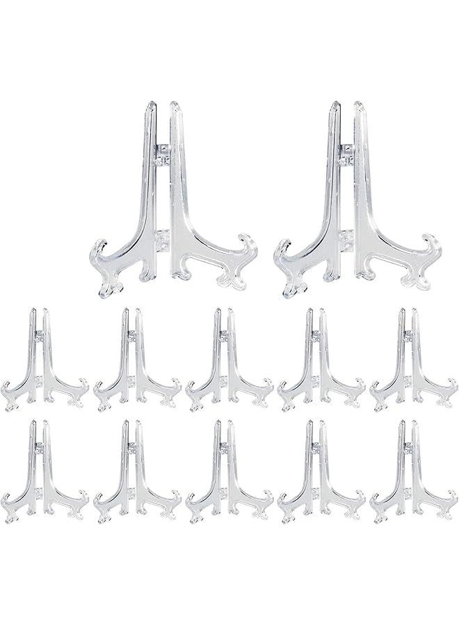 The Bros 24 Pack 13 cm Clear Plastic Easels or Stand/Plate Holders, Picture Frame Stand Holder to Display Pictures or Other Items at Weddings, Home Decoration, Birthdays, Tables - Image 1